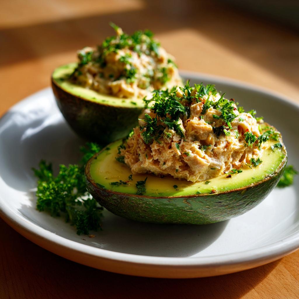 Two avocado halves filled with creamy tuna stuffed avocado garnished with chopped herbs.