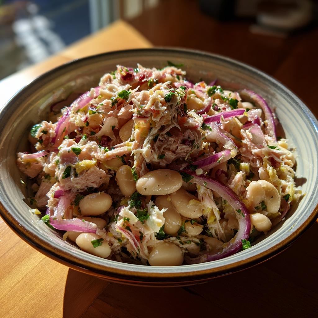Bowl of tuna and white bean salad with lemon dressing, red onions, and herbs.