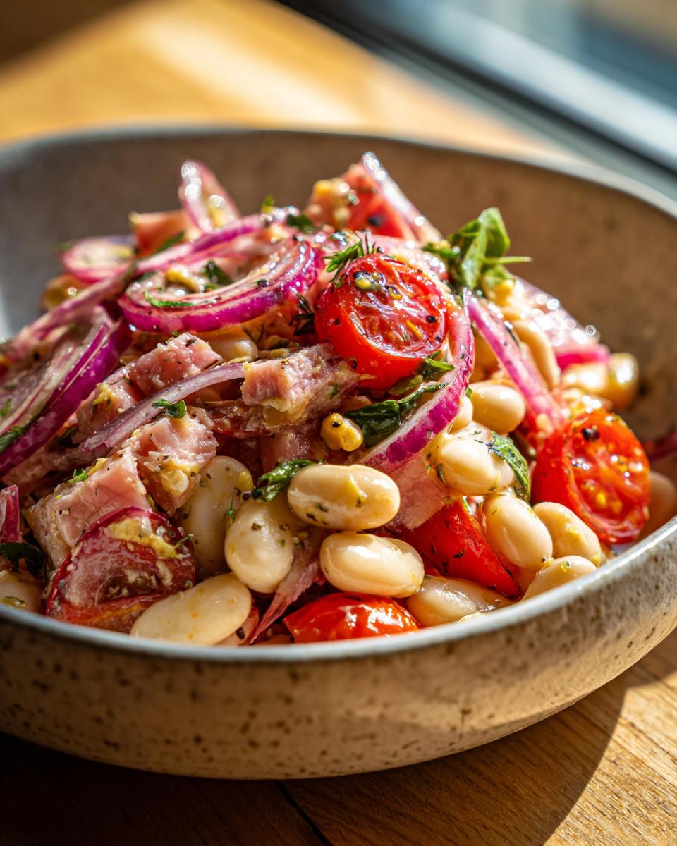 Bowl of tuna and white bean salad with red onions, cherry tomatoes, and lemon dressing