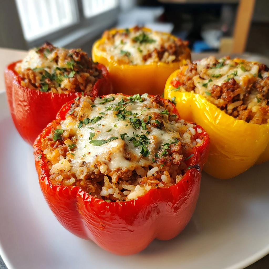 Red and yellow turkey stuffed peppers topped with melted cheese and herbs on a white plate.