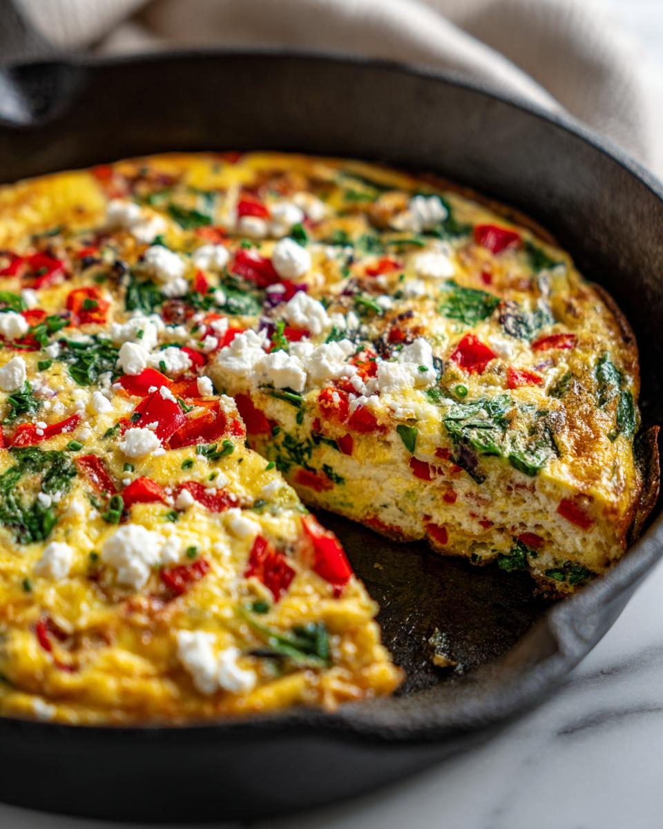 Close-up of vegetable frittata with red bell peppers, spinach, and cheese in cast iron skillet