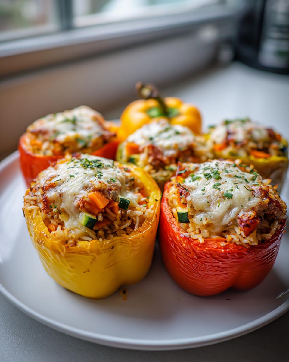 Yellow and red vegetable stuffed bell peppers with rice, vegetables, and melted cheese on a white plate.