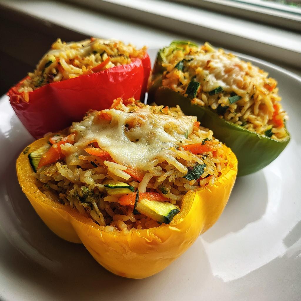 Three vibrant vegetable stuffed bell peppers with rice and melted cheese on a white plate.