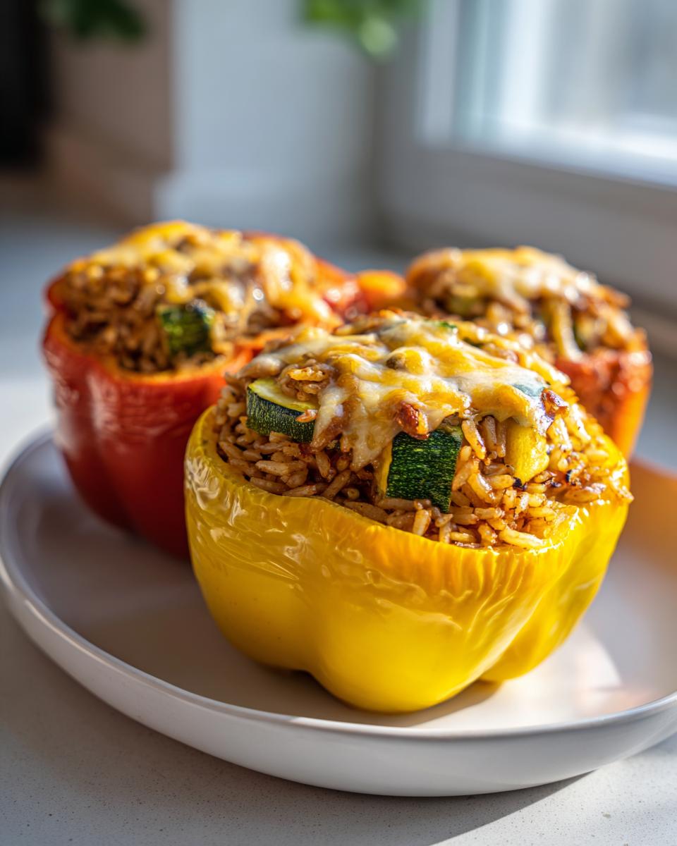 Close-up of vegetable stuffed bell peppers with rice topped with melted cheese on a white plate.