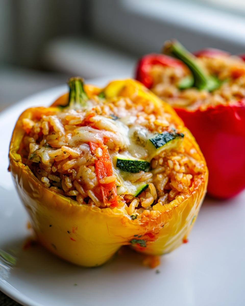 Yellow and red bell peppers stuffed with seasoned rice and vegetables, served on a white plate.