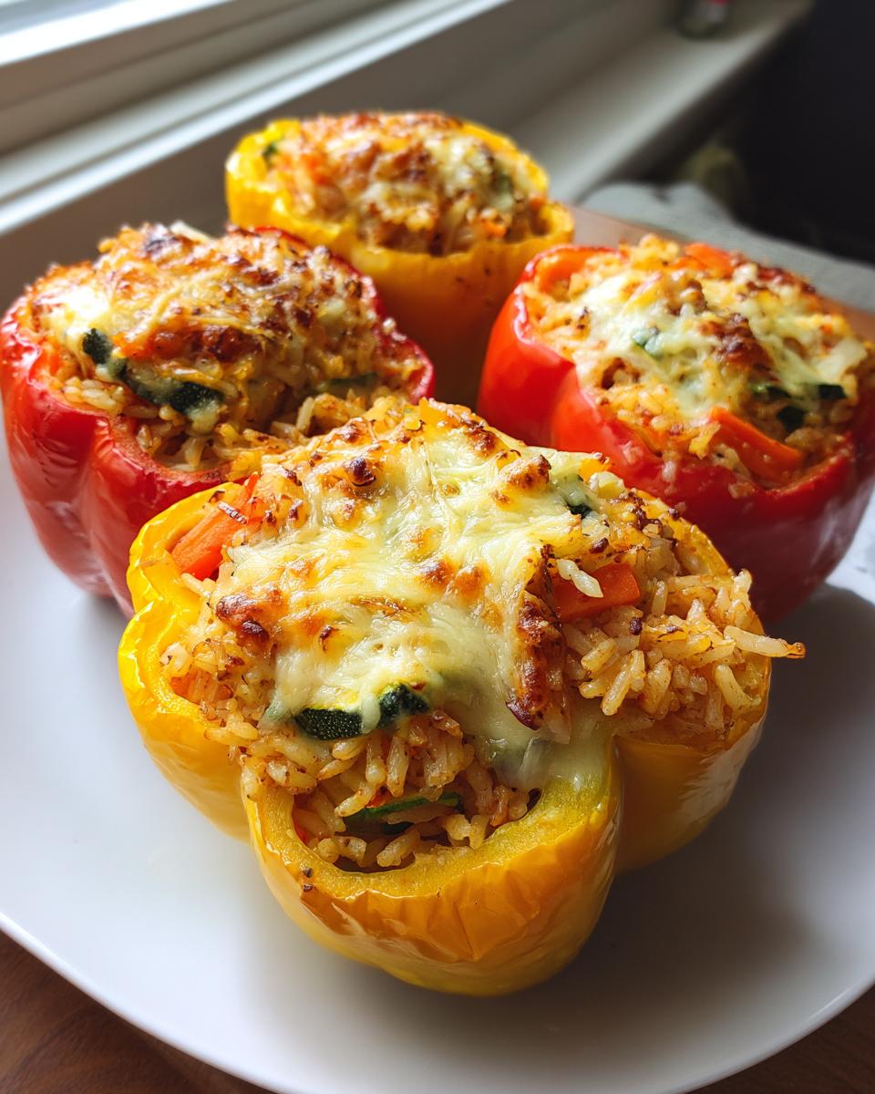 Close-up of baked vegetable stuffed bell peppers with rice and melted cheese on top.