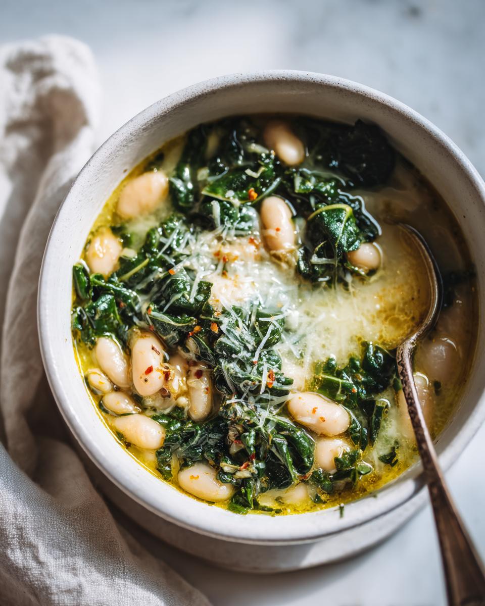 Close-up of white bean and kale soup with parmesan in a white bowl with a spoon.