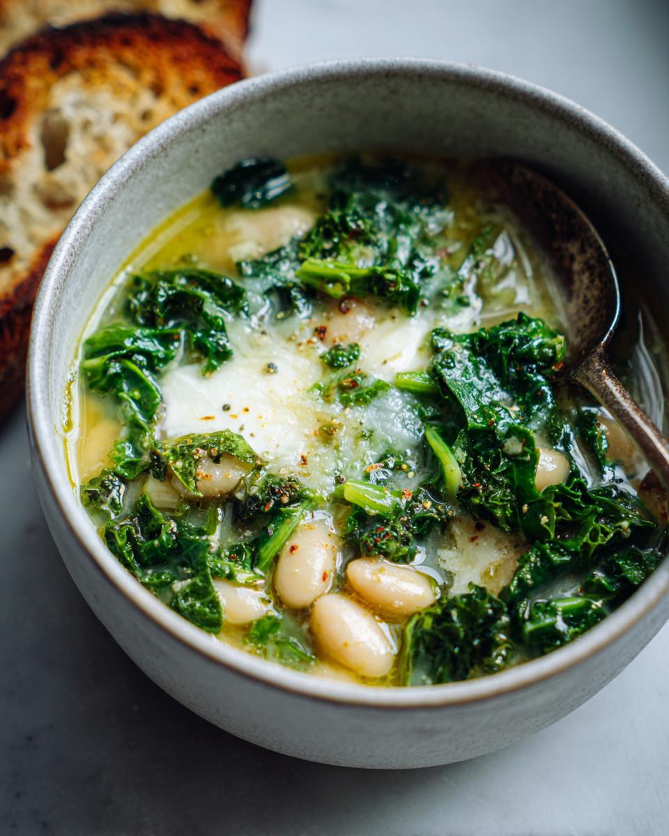 Bowl of white bean and kale soup with parmesan, accompanied by toasted bread on the side.