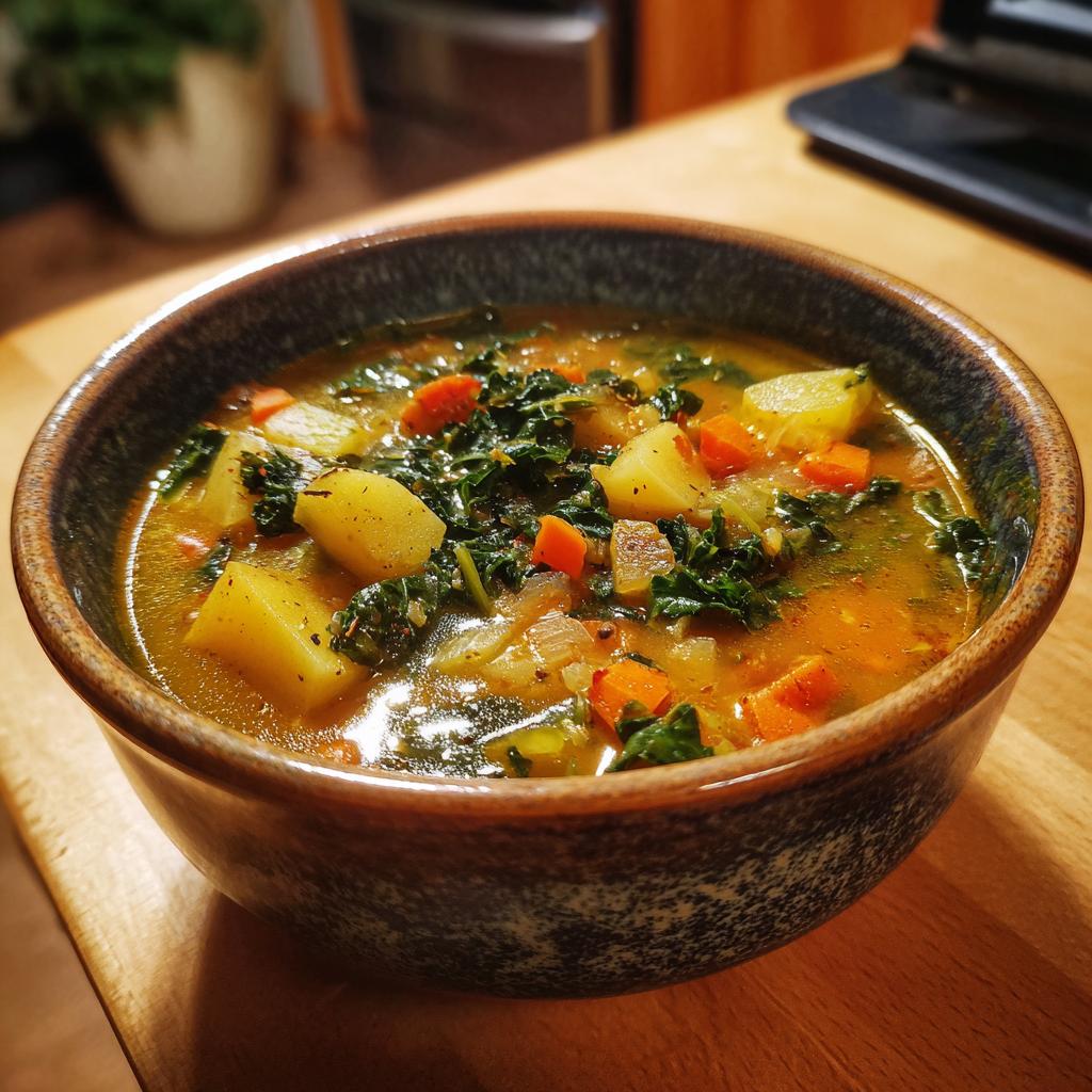 Bowl of winter vegetable soup with kale, potatoes, and carrots in broth.