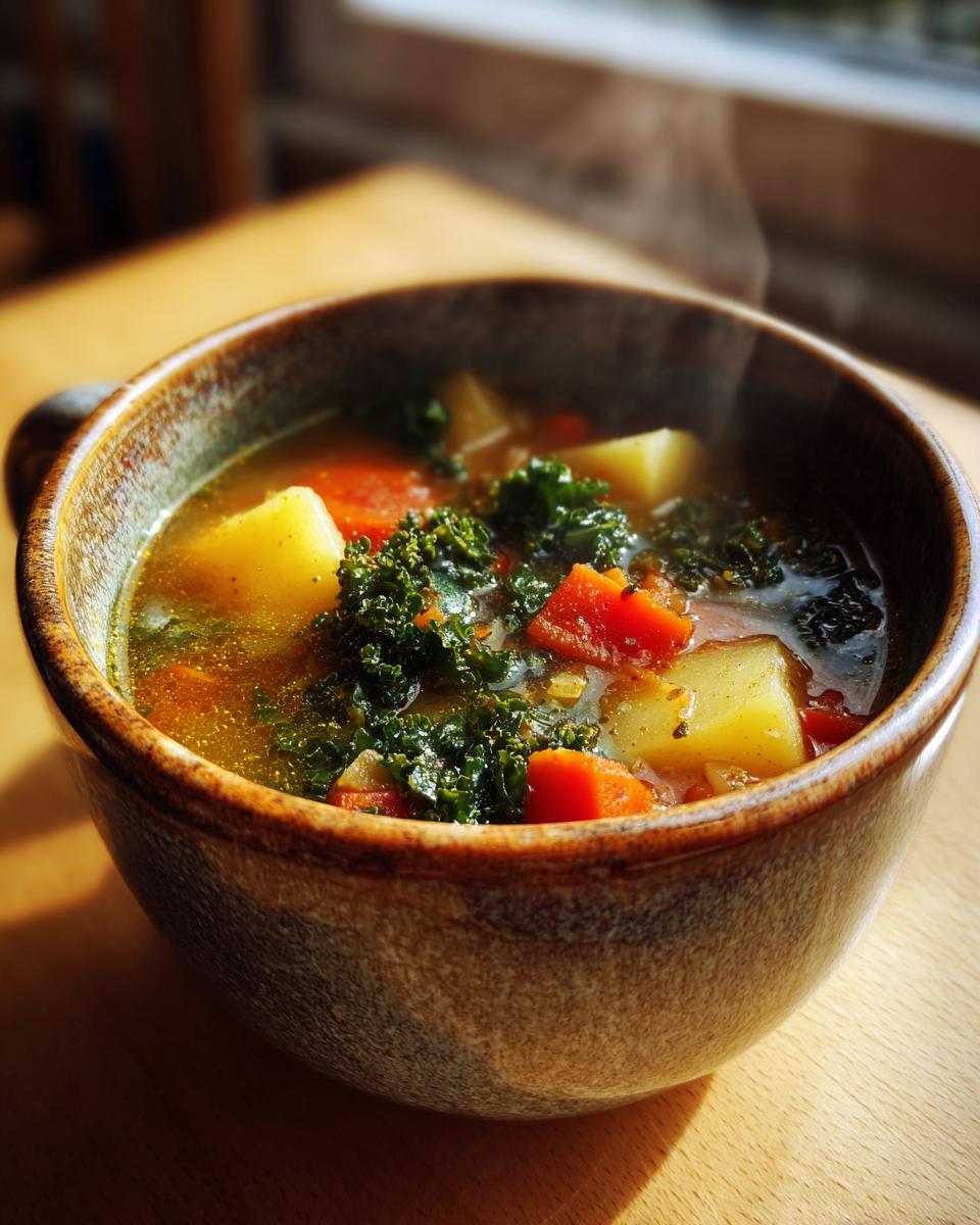 A warm bowl of winter vegetable soup with kale, potatoes, and carrots in a brown bowl.
