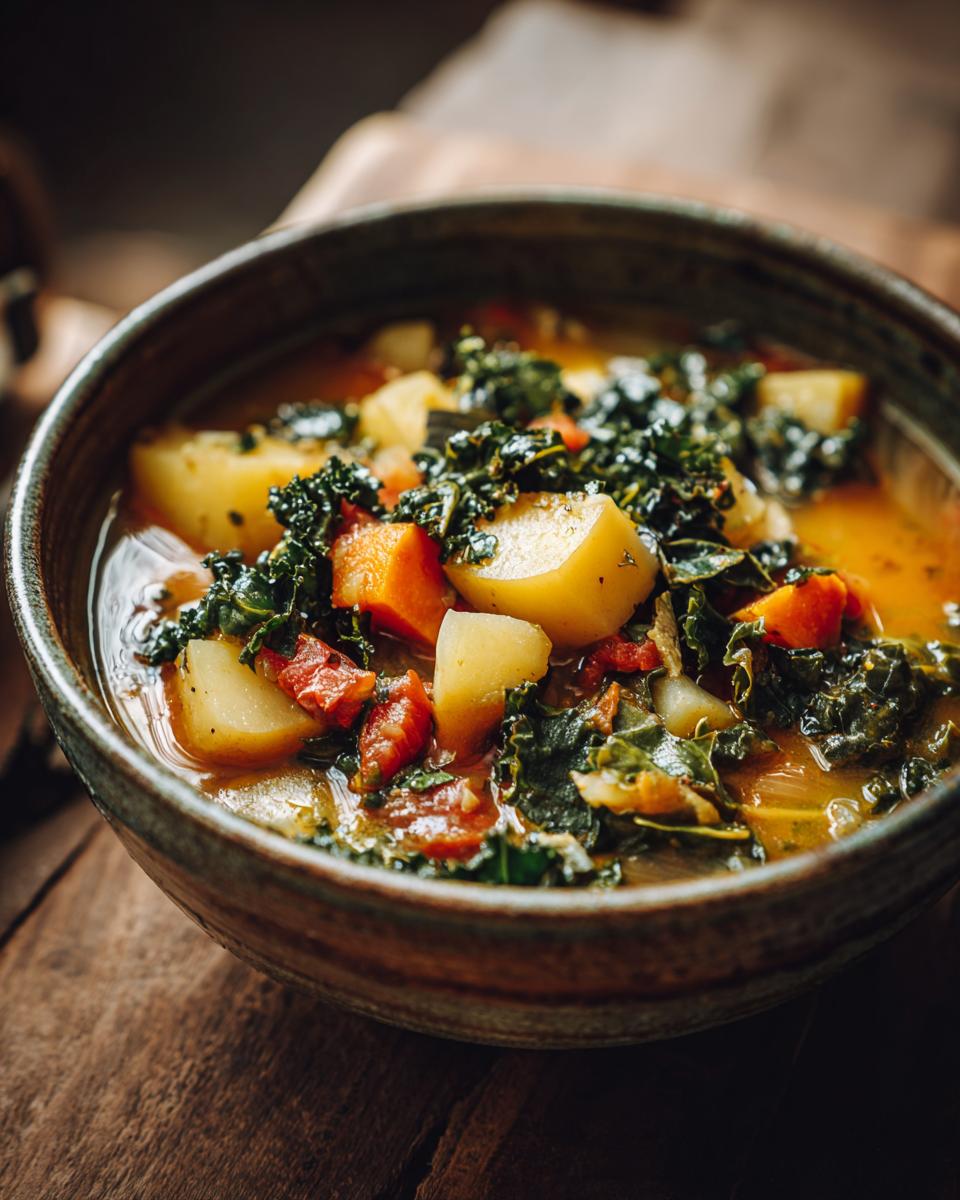 Bowl of winter vegetable soup with kale, potatoes, carrots, and tomatoes in broth.