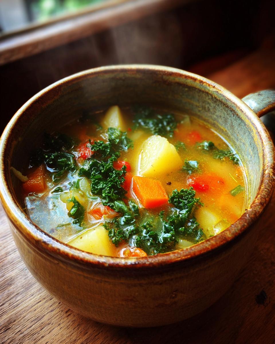 Bowl of steaming winter vegetable soup with kale, potatoes, carrots, and broth.