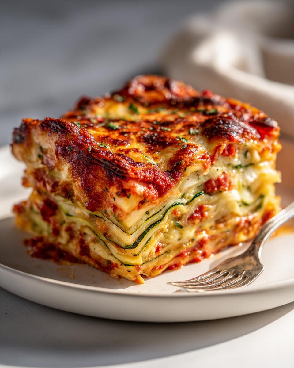 A thick, cheesy slice of zucchini lasagna with layers of zucchini, tomato sauce, and melted cheese on a white plate