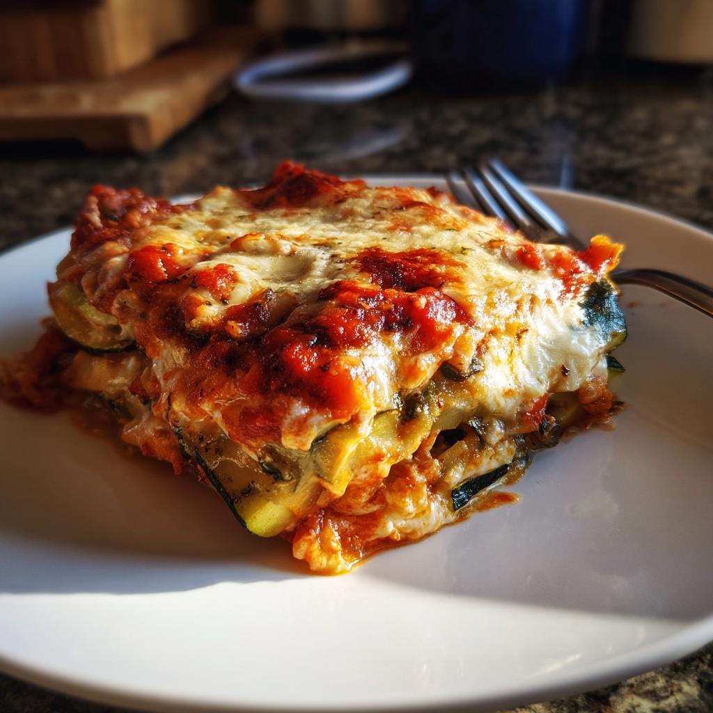 Close-up of a slice of zucchini lasagna with melted cheese and tomato sauce on a white plate.