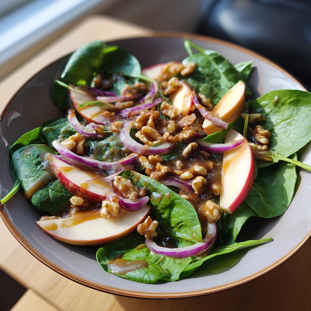 Bowl of apple walnut spinach salad with balsamic, featuring fresh spinach, apple slices, walnuts, and red onion.
