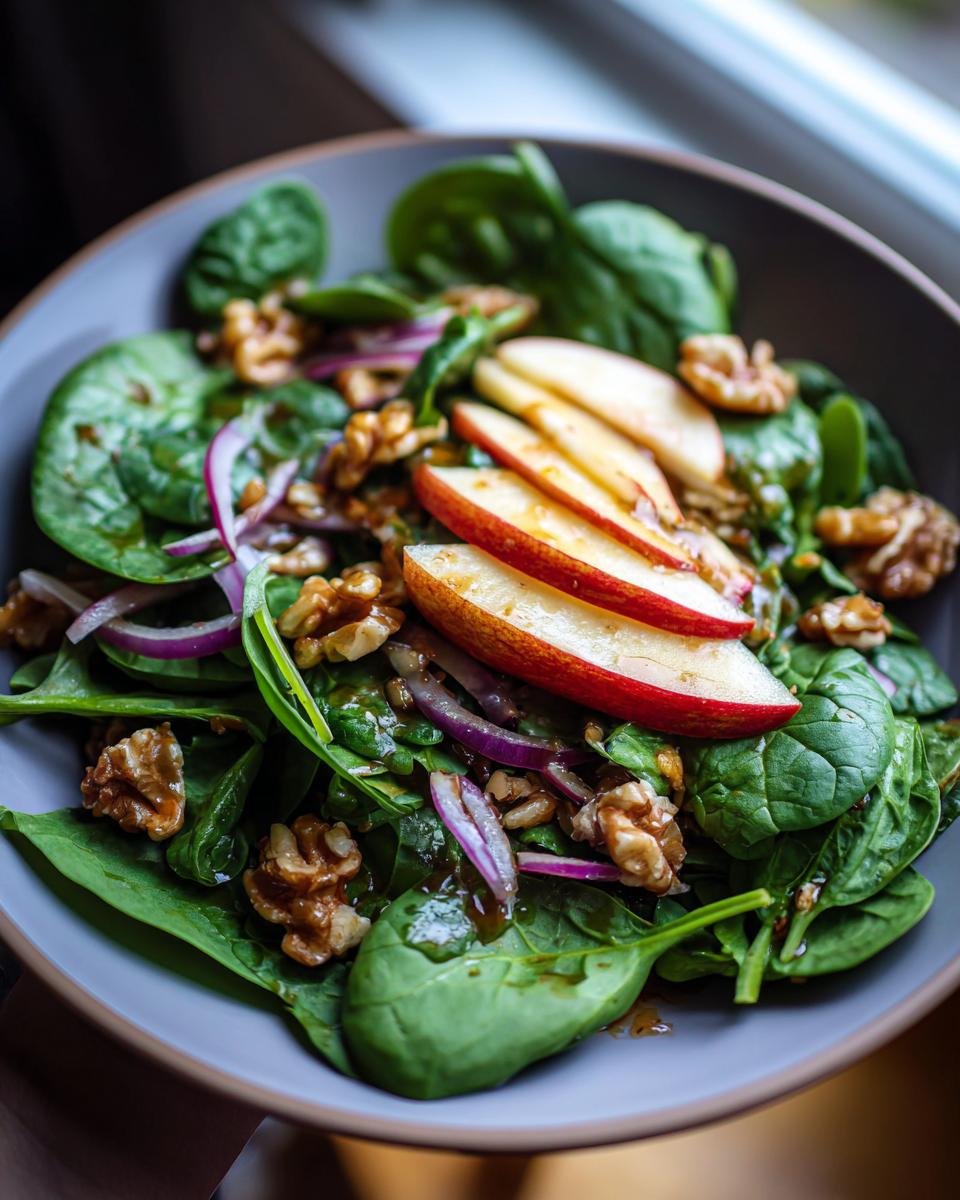 Apple walnut spinach salad with balsamic featuring fresh spinach, apple slices, walnuts, and red onion.