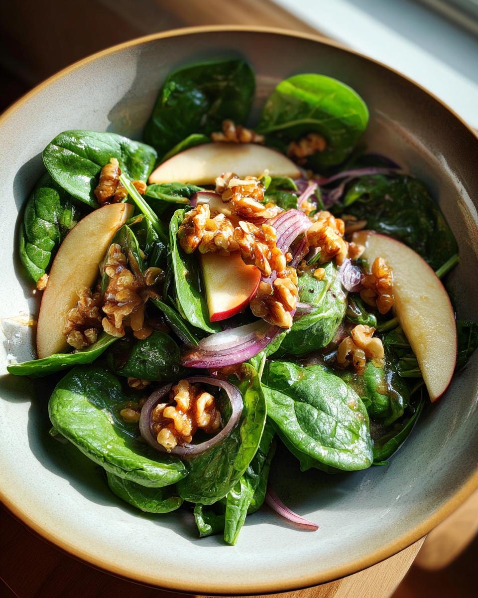 Bowl of apple walnut spinach salad with balsamic, featuring fresh spinach, apple slices, walnuts, and red onion.
