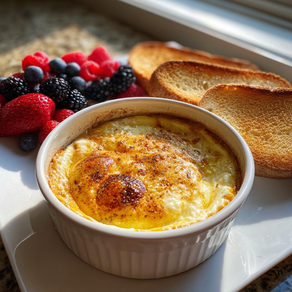 Baked egg in ramekin with toasted bread slices and fresh mixed berries for easter brunch recipes
