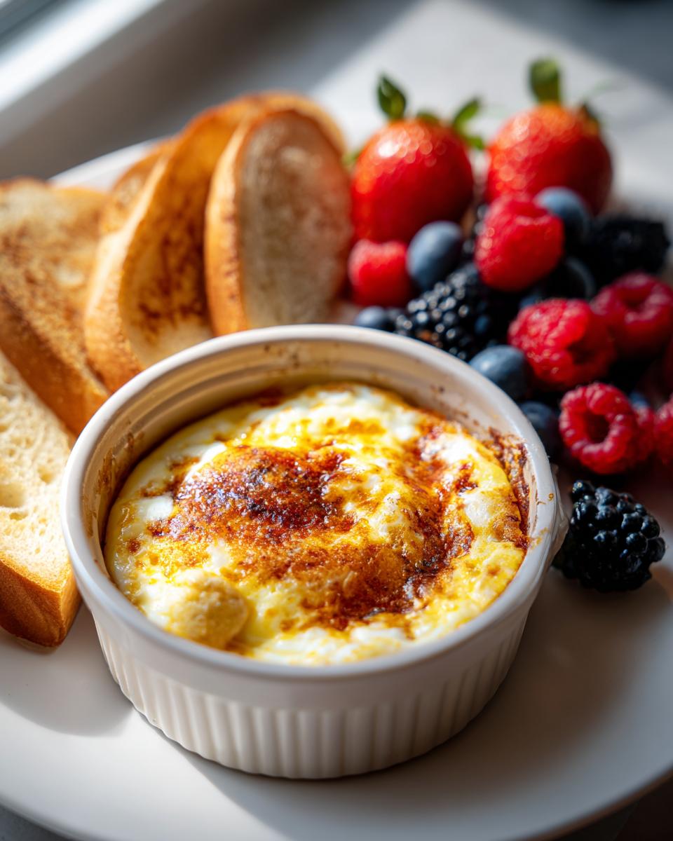 Baked egg dish in a white ramekin served with toasted bread and fresh mixed berries for easter brunch recipes