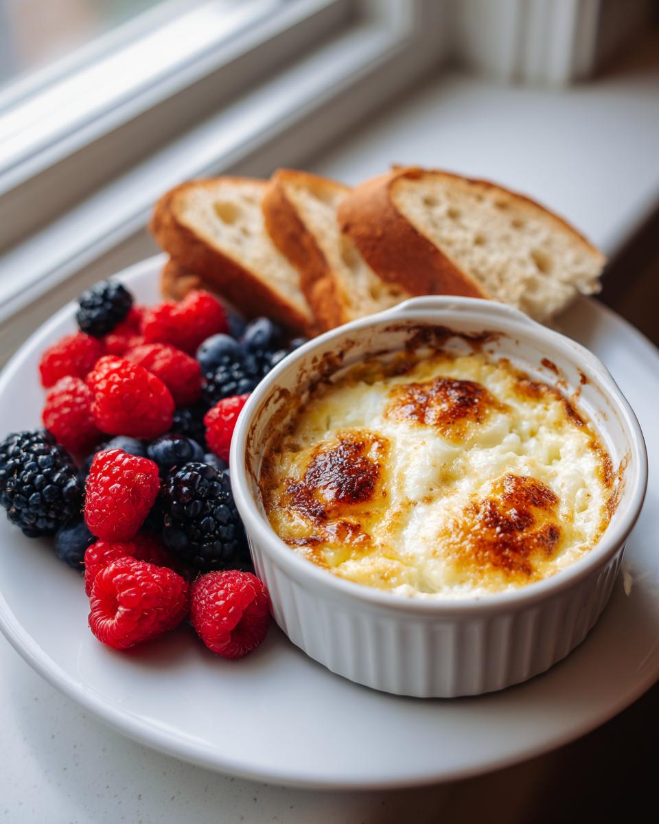 Baked eggs in a ramekin served with fresh raspberries, blackberries, blueberries, and slices of bread on a white plate.