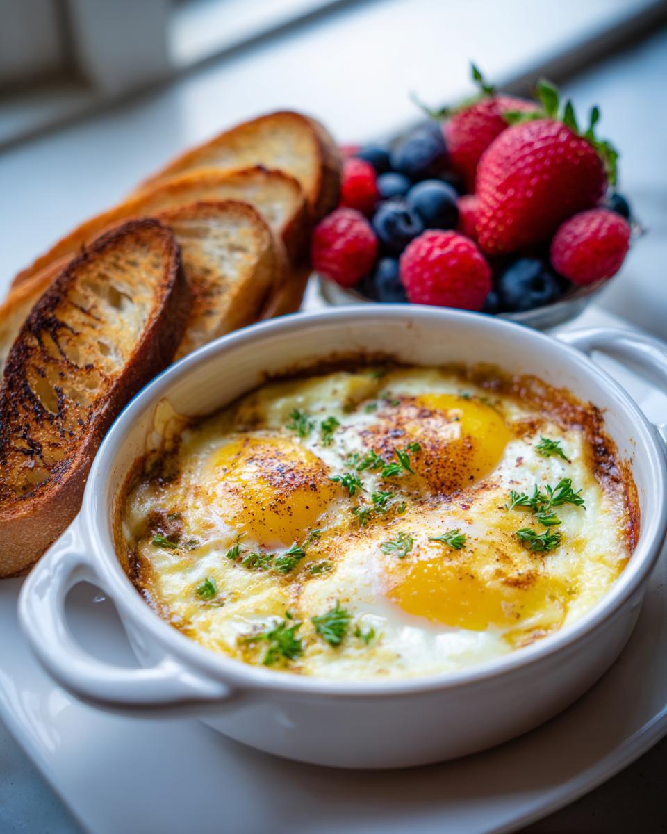 Baked eggs garnished with herbs served with toasted bread and fresh mixed berries for easter brunch recipes