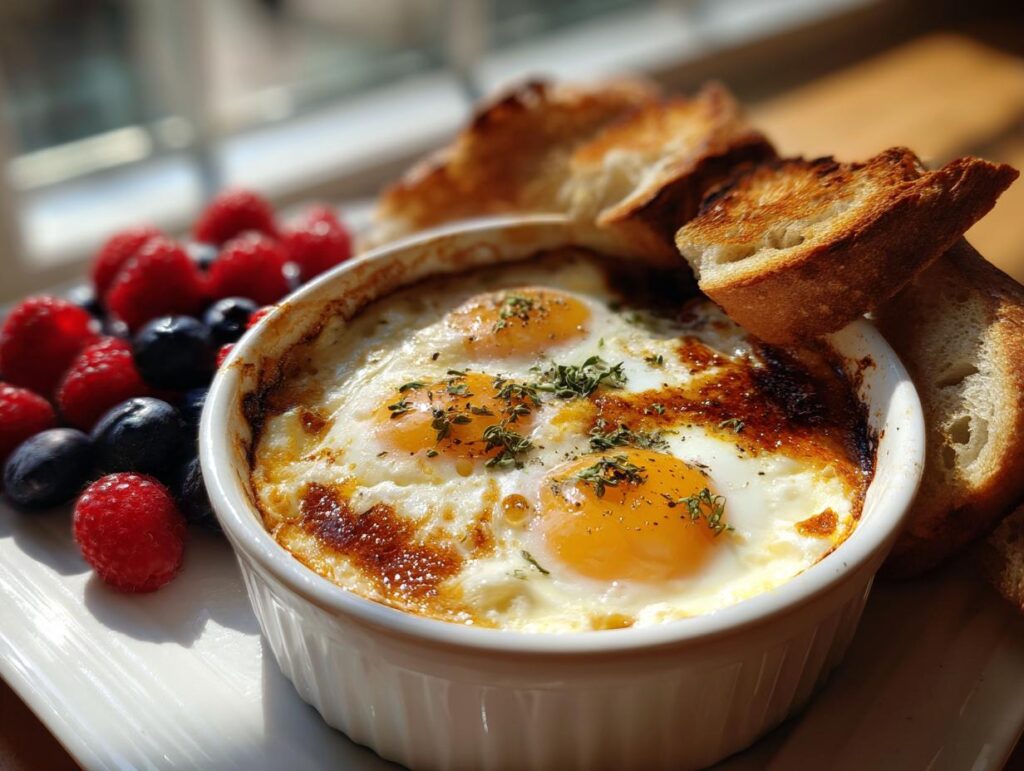Baked eggs in a white ramekin with toast and fresh raspberries and blueberries, perfect easter brunch recipes