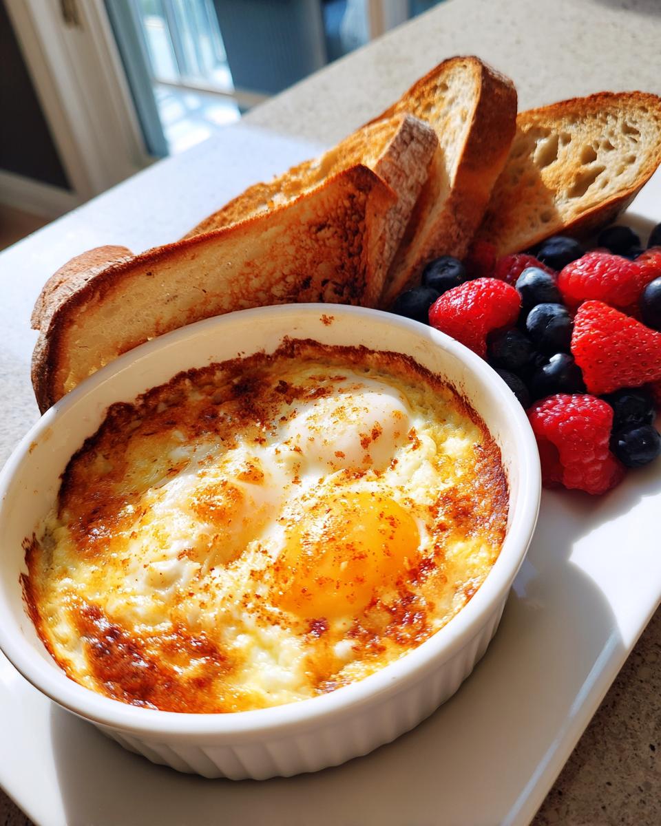 Baked eggs in a ramekin served with toasted bread slices and fresh mixed berries for easter brunch recipes.