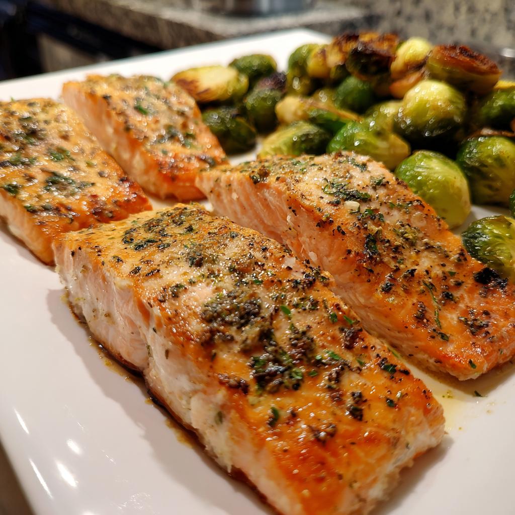 Close-up of baked salmon with roasted Brussels sprouts on a white plate