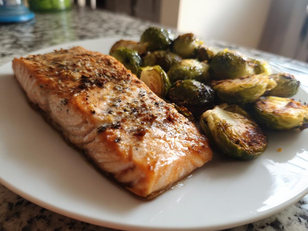 Close-up of baked salmon with roasted brussels sprouts on a white plate.