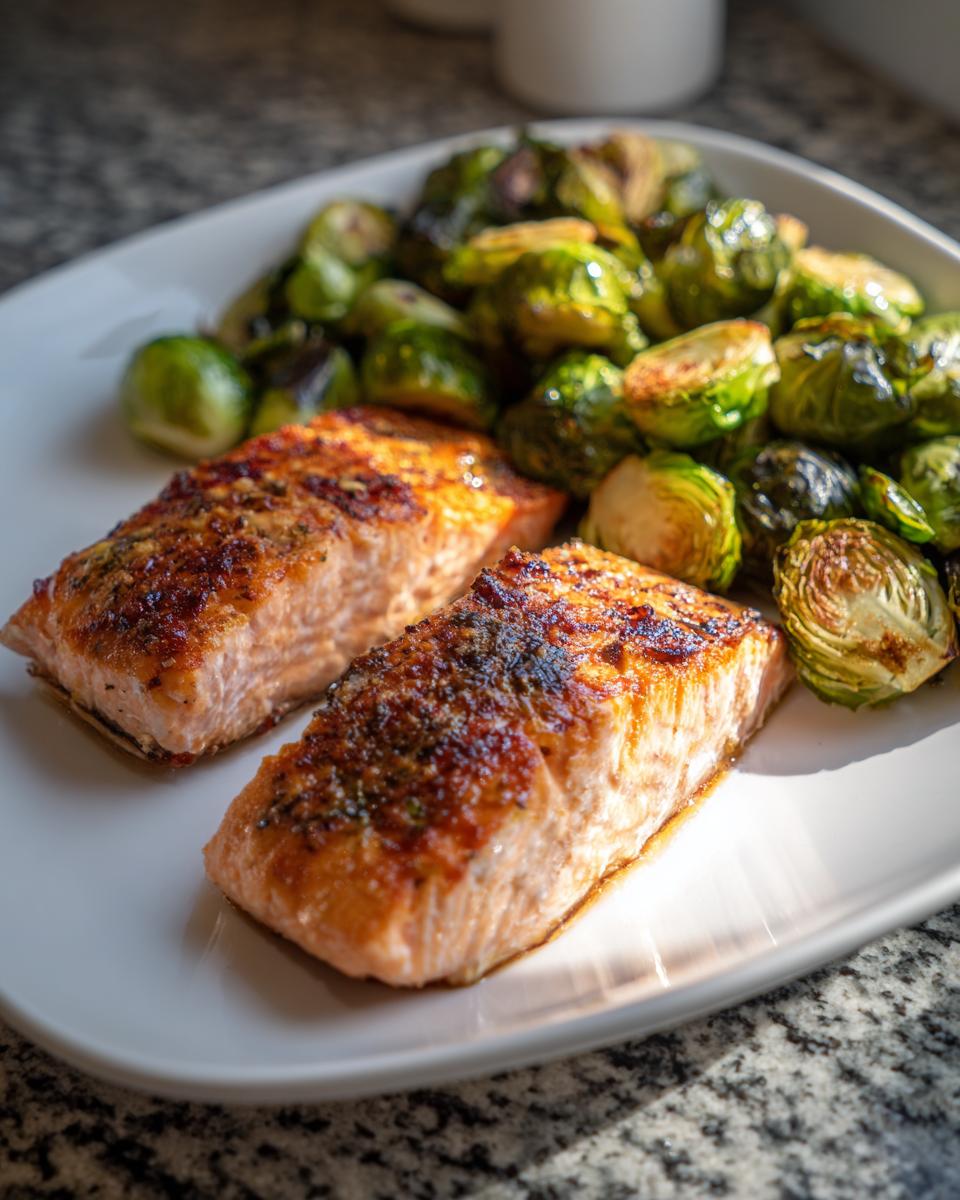 Two pieces of baked salmon with a crispy crust served with roasted Brussels sprouts on a white plate.