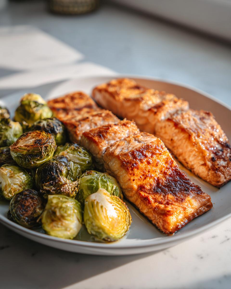 Plate with crispy baked salmon and roasted Brussels sprouts, golden and tender.