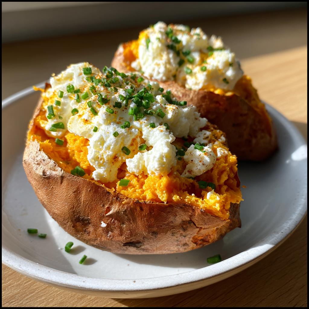 Close-up of baked sweet potato topped with cottage cheese and chopped chives on a white plate.