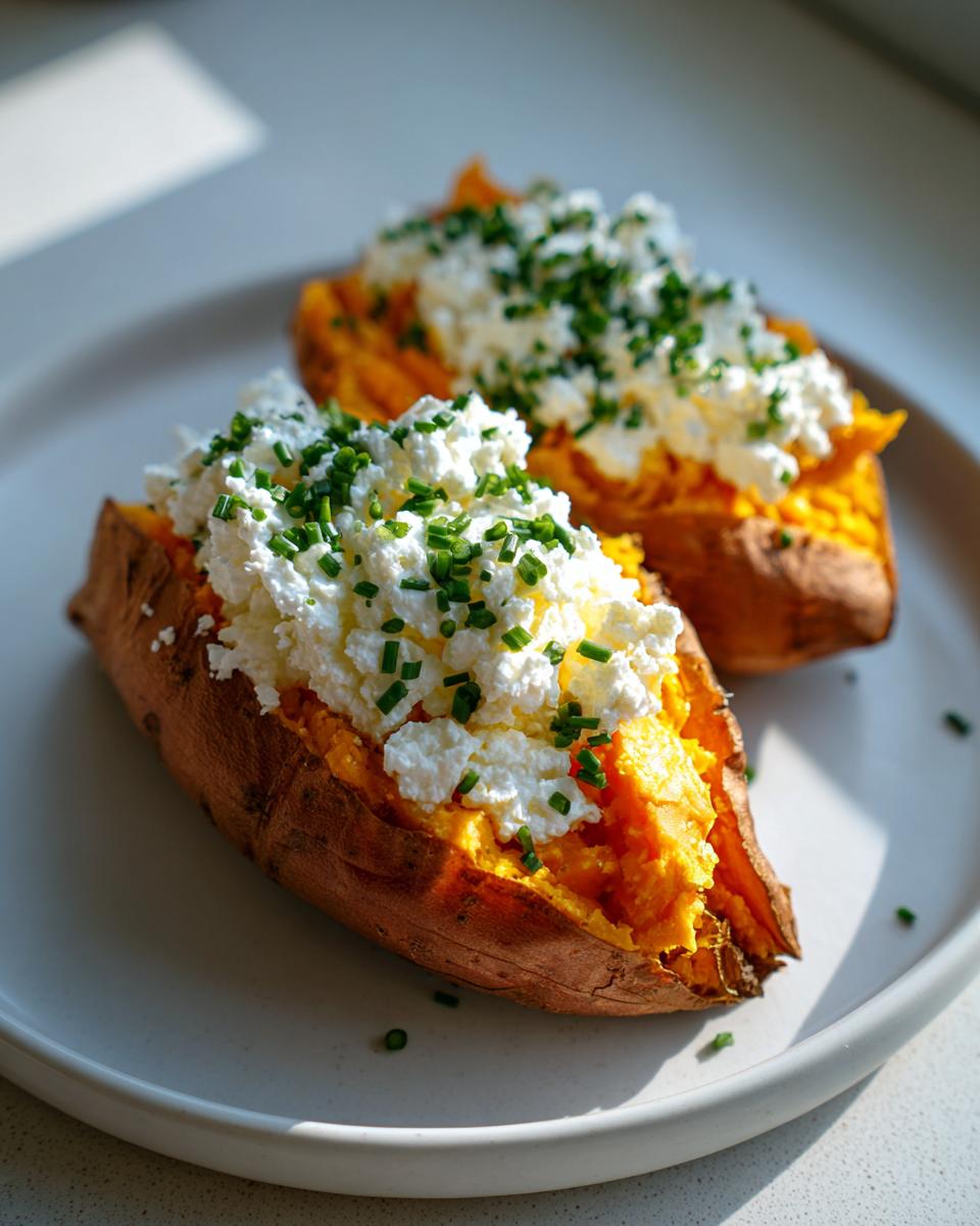 Two halves of baked sweet potato topped with cottage cheese and chopped chives on a white plate.