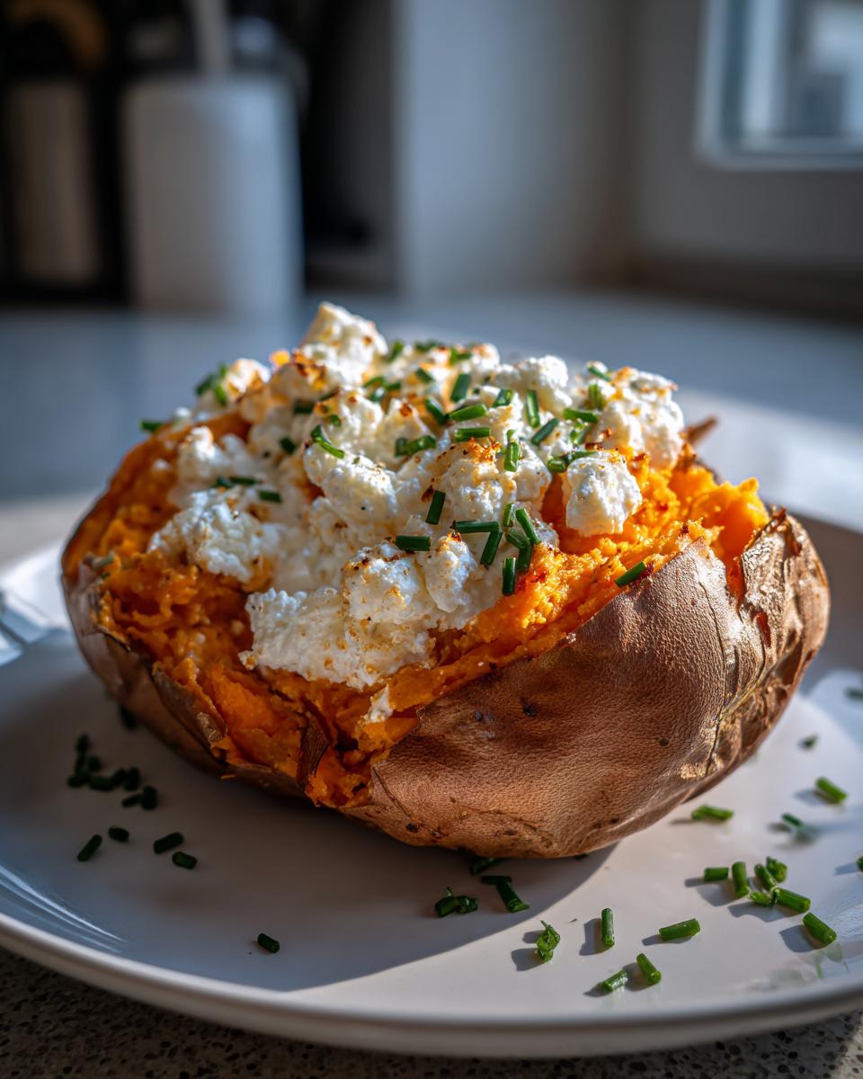 Close-up of a baked sweet potato topped with cottage cheese and chopped chives on a white plate.