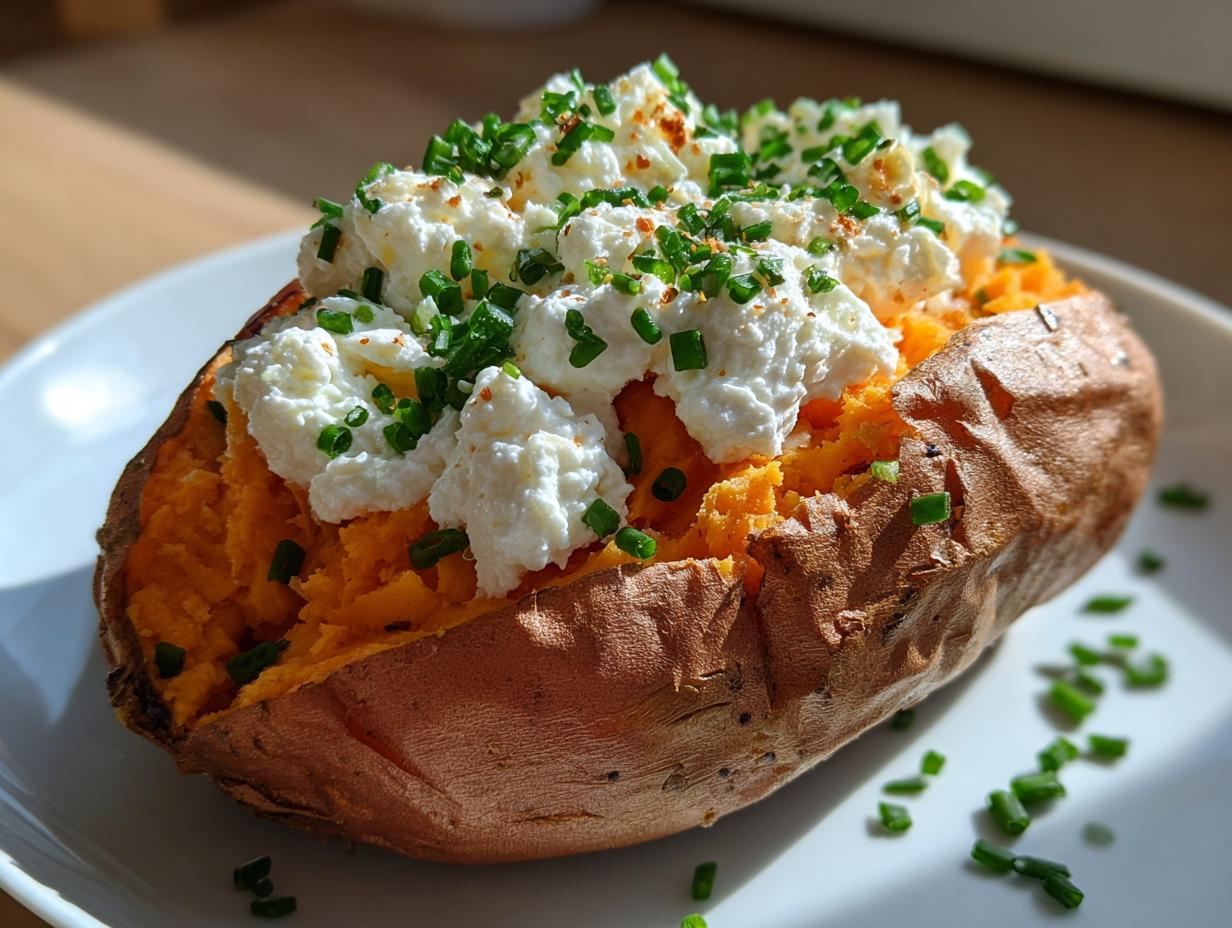Baked sweet potato topped with cottage cheese and chopped chives on a white plate