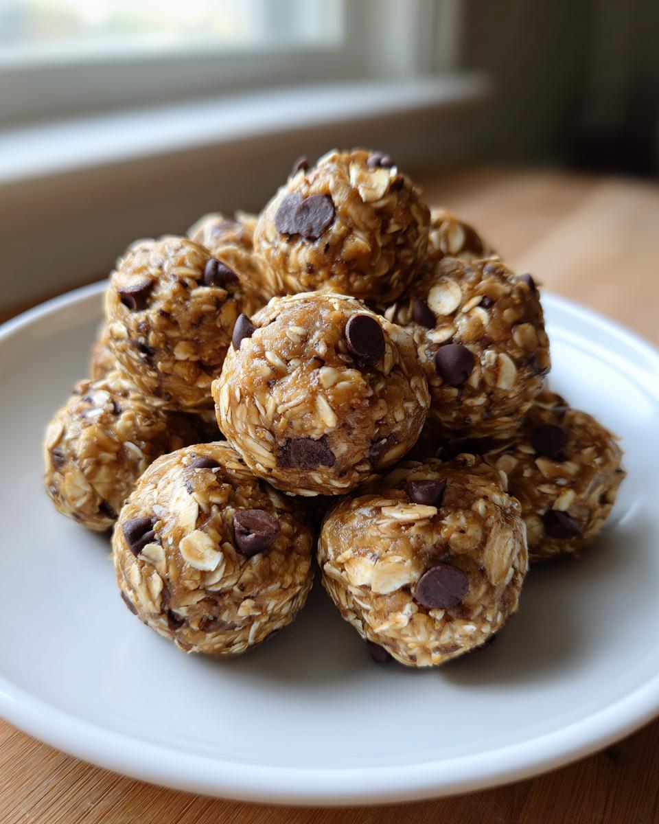 Close-up of banana chocolate chip protein bites stacked on a white plate.