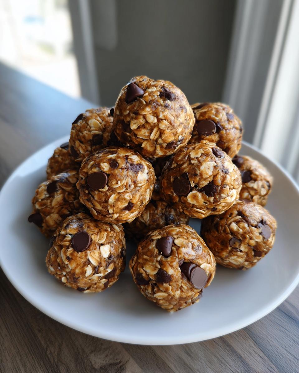 Close-up of banana chocolate chip protein bites stacked on a white plate.