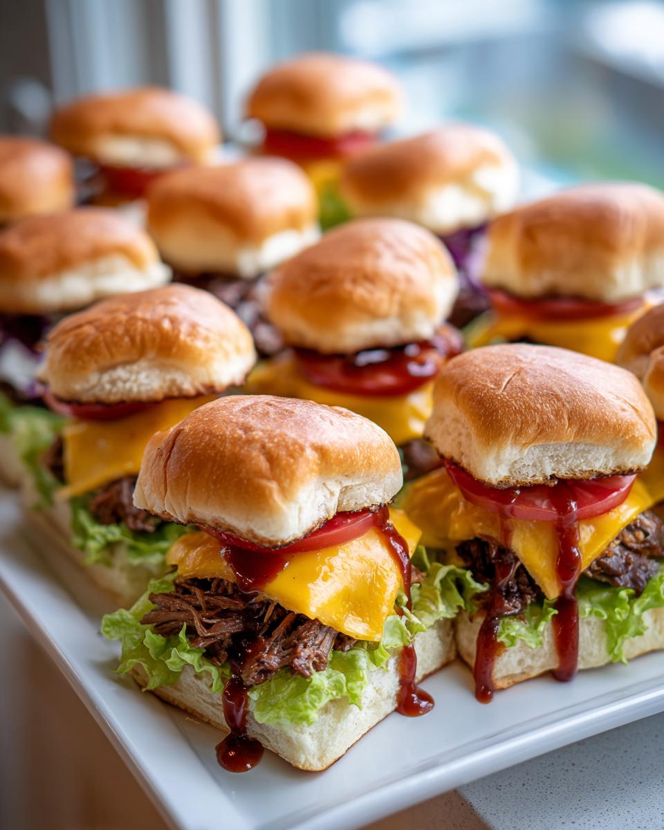 Tray of BBQ beef sliders with cheddar cheese, lettuce, tomato, and barbecue sauce