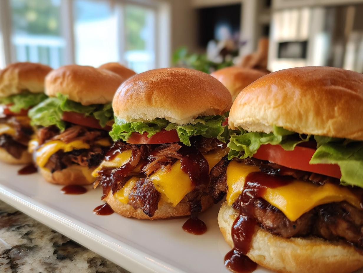 Row of BBQ sliders with cheddar, lettuce, tomato, and sauce on a white platter for super bowl slider bar ideas for a crowd