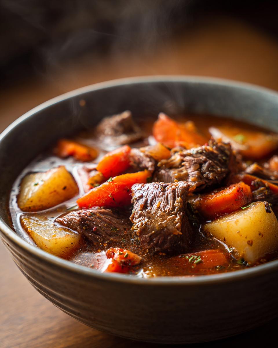 Steaming bowl of beef stew with carrots and potatoes, perfect for february slow cooker comfort food recipes.