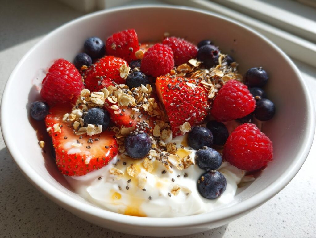 Berry yogurt bowl ideas with strawberries, raspberries, blueberries, granola, and honey in white bowl