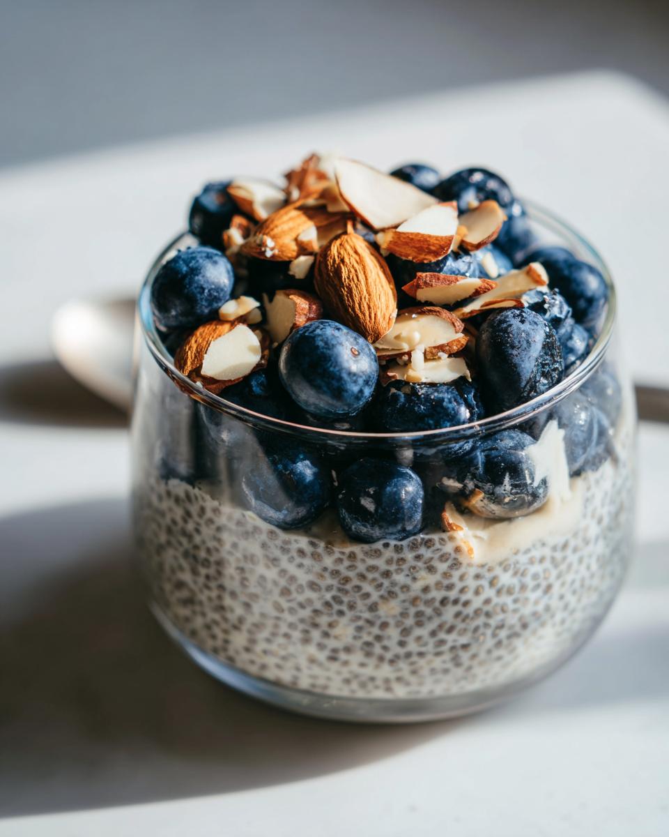 Glass jar filled with blueberry chia seed pudding breakfast topped with fresh blueberries and sliced almonds.