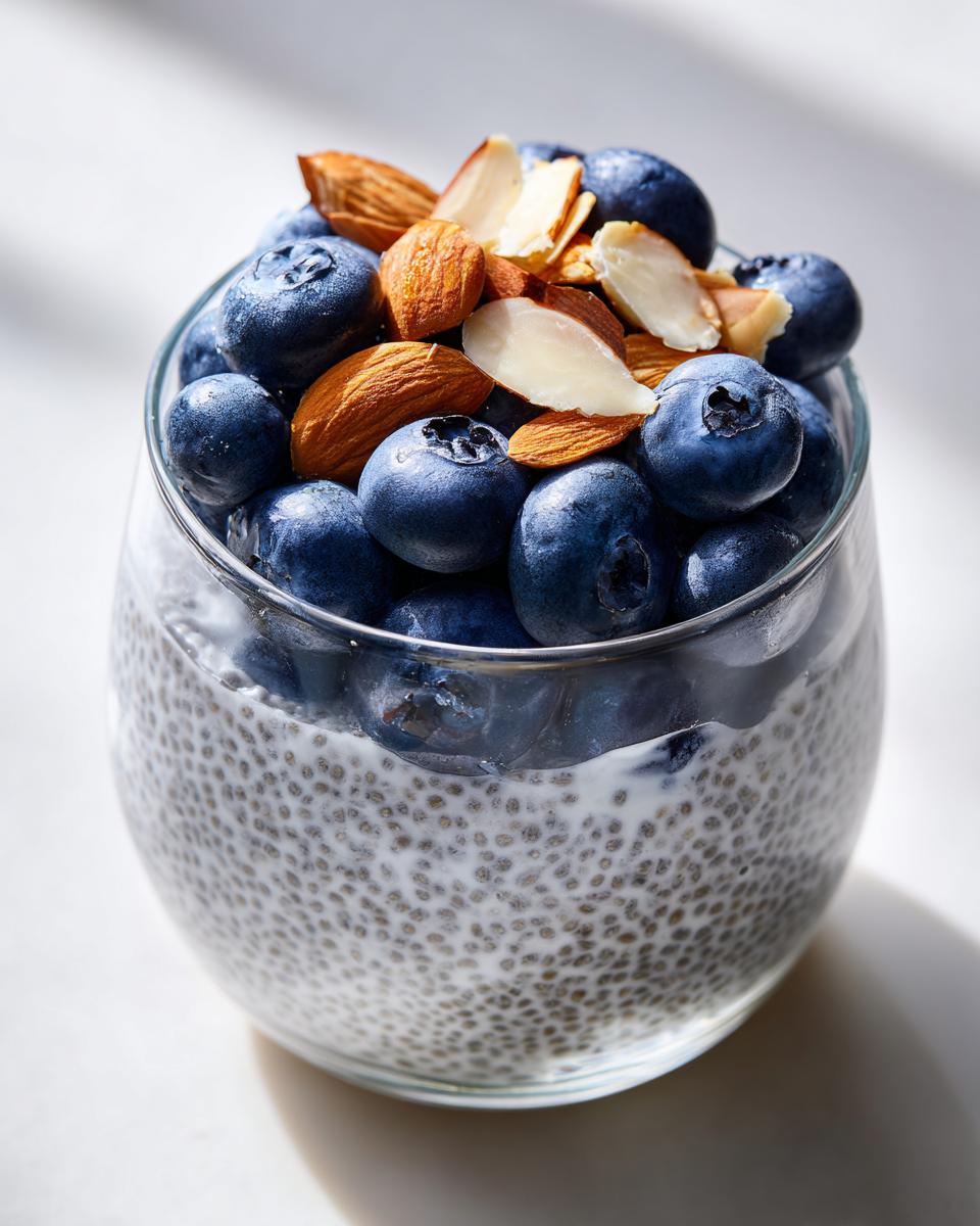 Glass of blueberry chia seed pudding breakfast topped with fresh blueberries and sliced almonds.