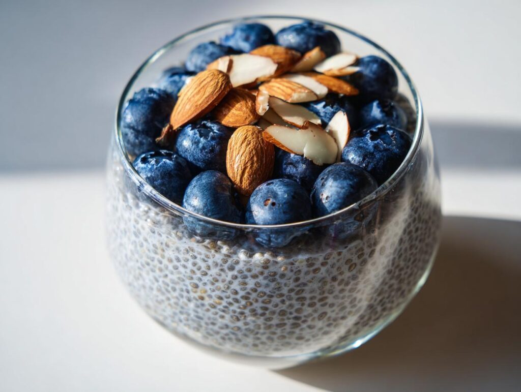 Glass filled with blueberry chia seed pudding breakfast topped with fresh blueberries and almonds