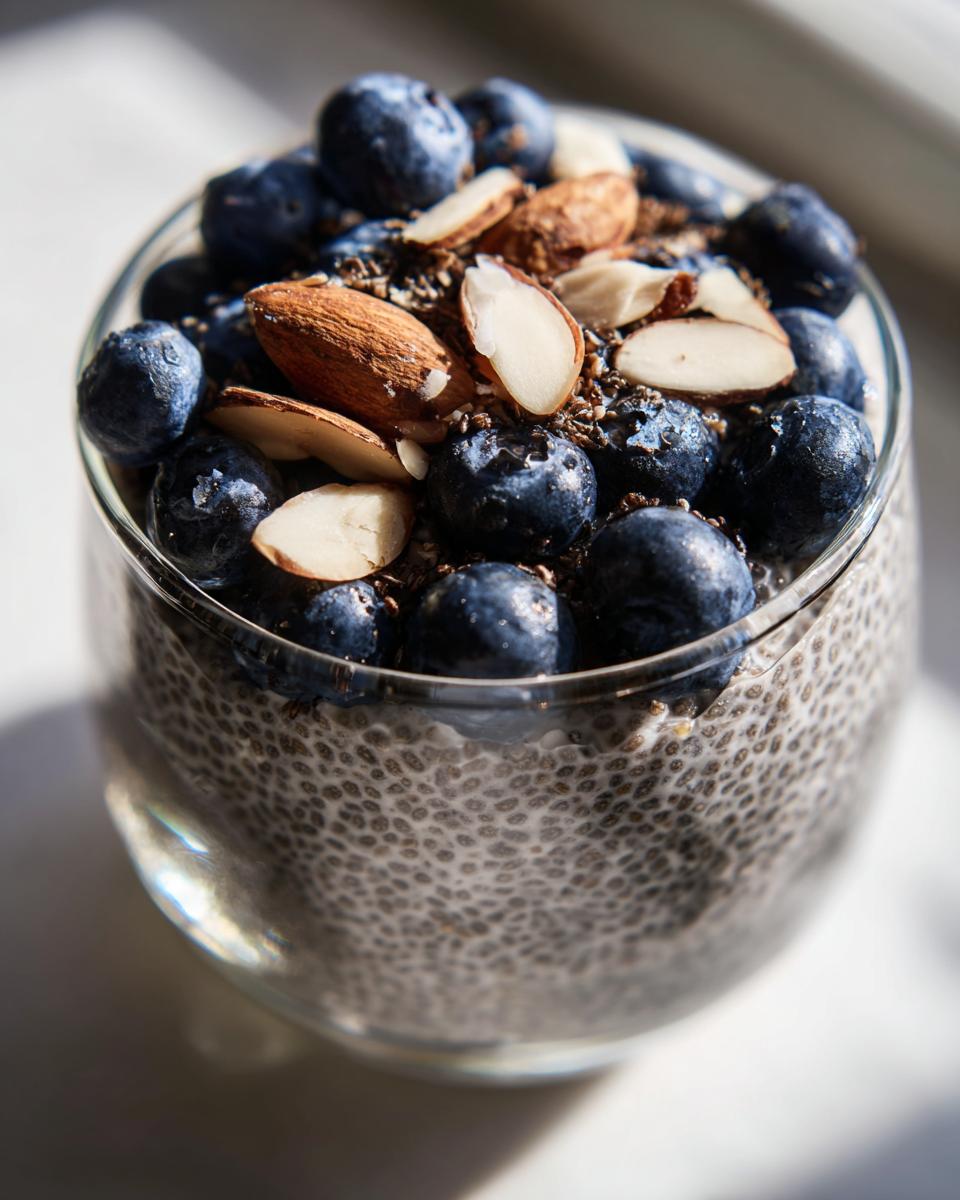 Glass filled with blueberry chia seed pudding breakfast topped with fresh blueberries and almond slices
