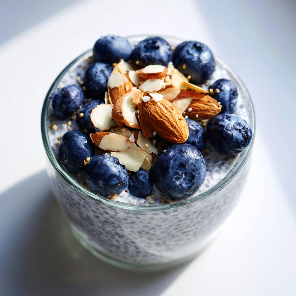 Glass of blueberry chia seed pudding breakfast topped with fresh blueberries and sliced almonds.