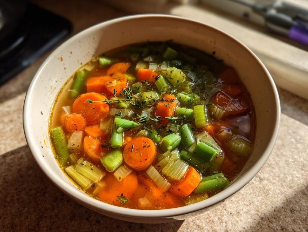 Bowl of brothy vegetable soup with carrots, celery, green beans, and herbs.