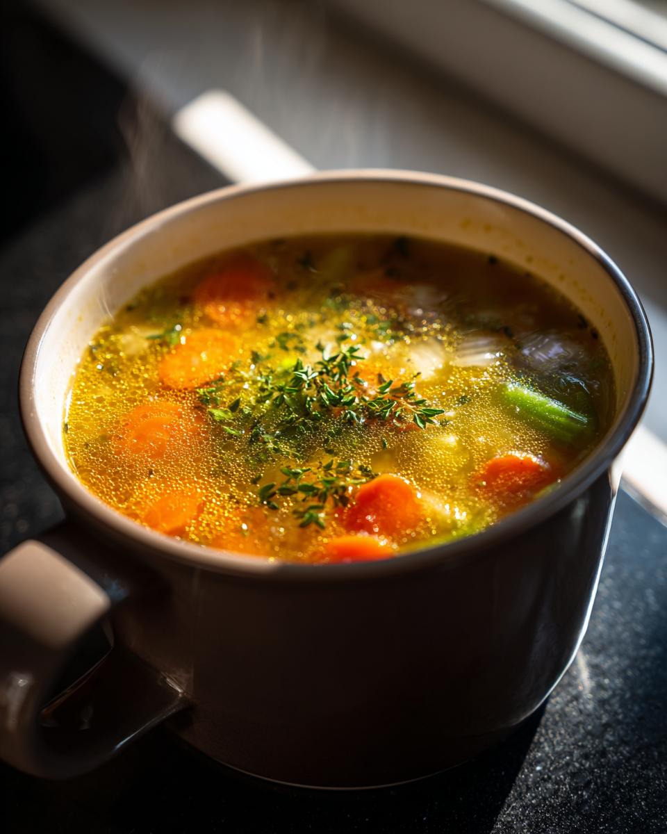Close-up of steaming brothy vegetable soup with carrots, celery, and herbs in a mug.