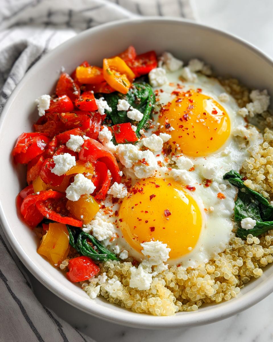 Cheese and veggie breakfast bowl with two sunny side up eggs, quinoa, sautéed peppers, spinach, and crumbled cheese