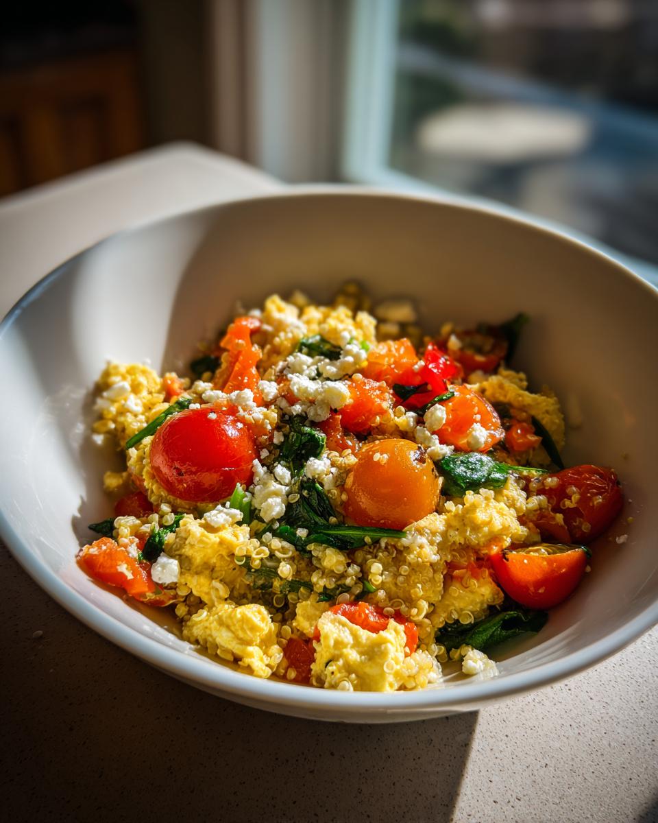 Bowl of cheese and veggie breakfast bowl with scrambled eggs, cherry tomatoes, spinach, and quinoa.